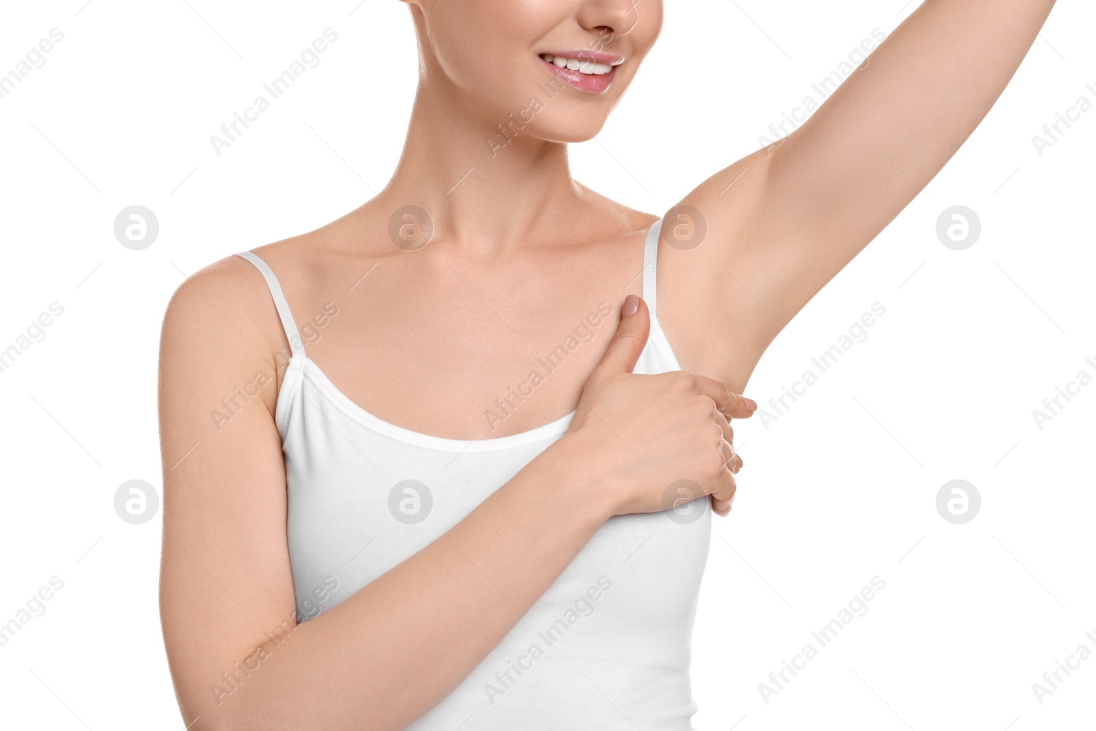 Photo of Woman showing armpit with smooth clean skin on white background, closeup