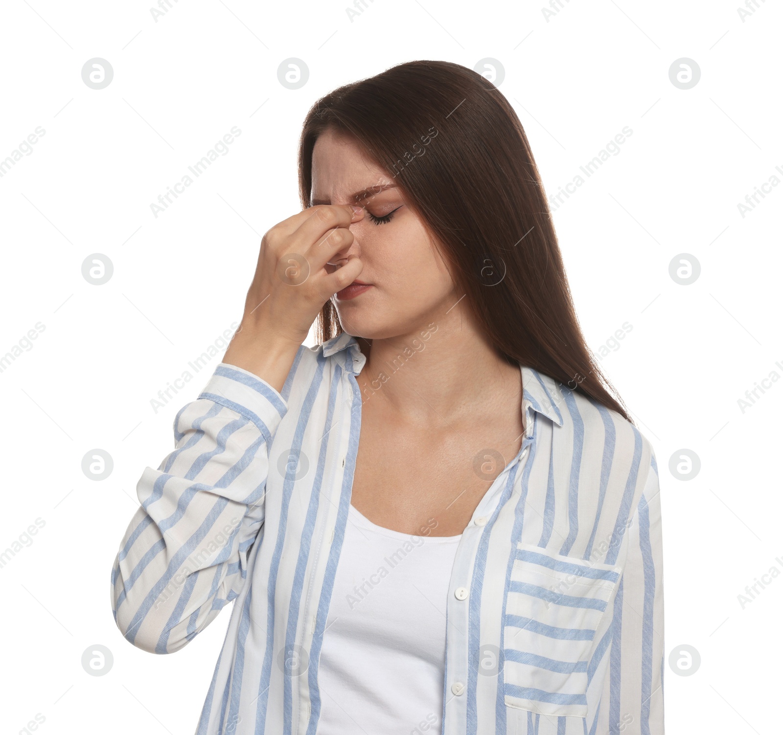 Photo of Young woman suffering from eyestrain on white background