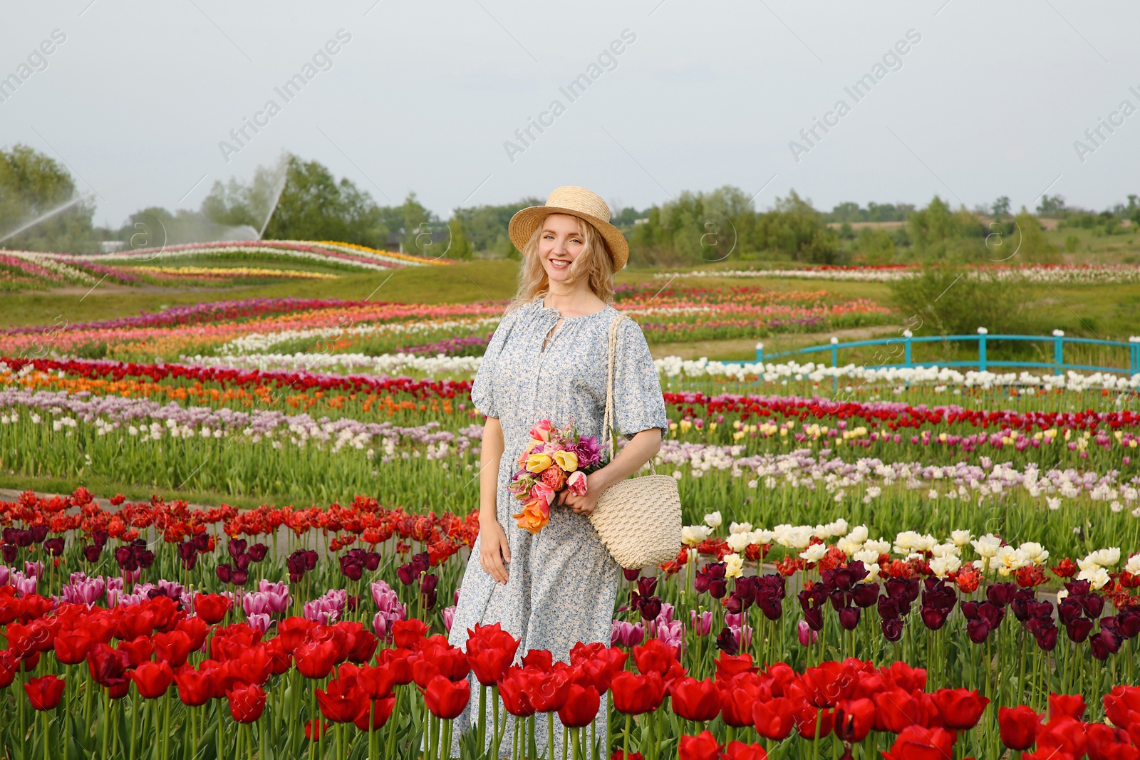 Photo of Woman with bag of spring flowers in beautiful tulip field