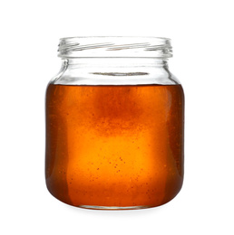 Photo of Jar with organic honey isolated on white