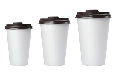 Paper coffee cups of different sizes on white background, collage