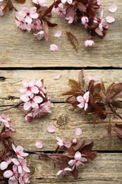 Photo of Spring branches with beautiful blossoms and leaves on wooden table, flat lay