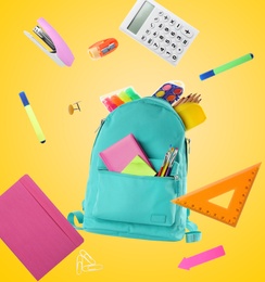 Image of Backpack surrounded by flying school stationery on yellow background