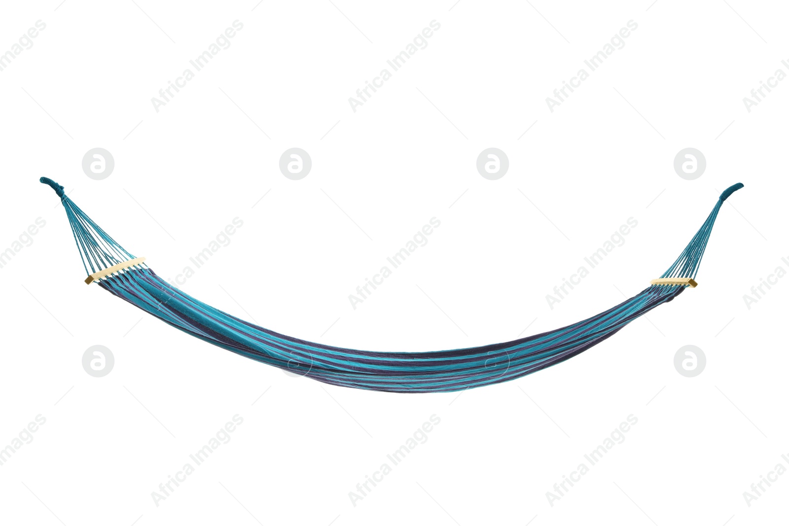 Photo of Empty comfortable blue hammock isolated on white