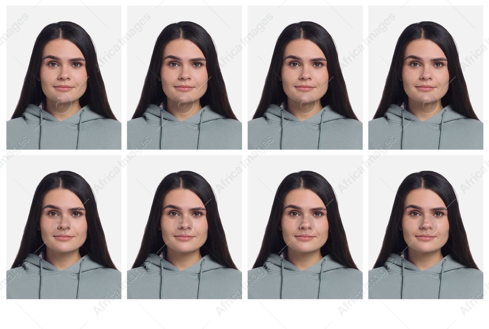 Image of Passport photo, collage. Woman on white background, set of photos