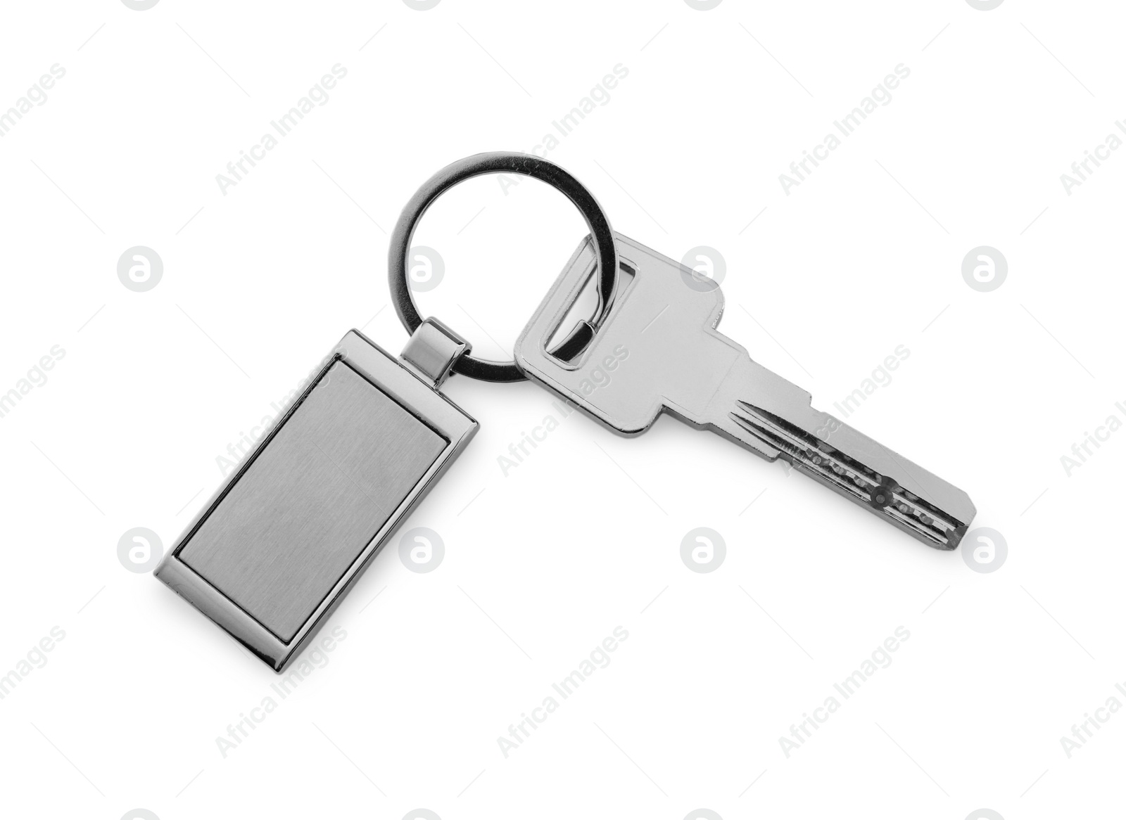 Photo of Key with metallic keychain isolated on white, top view