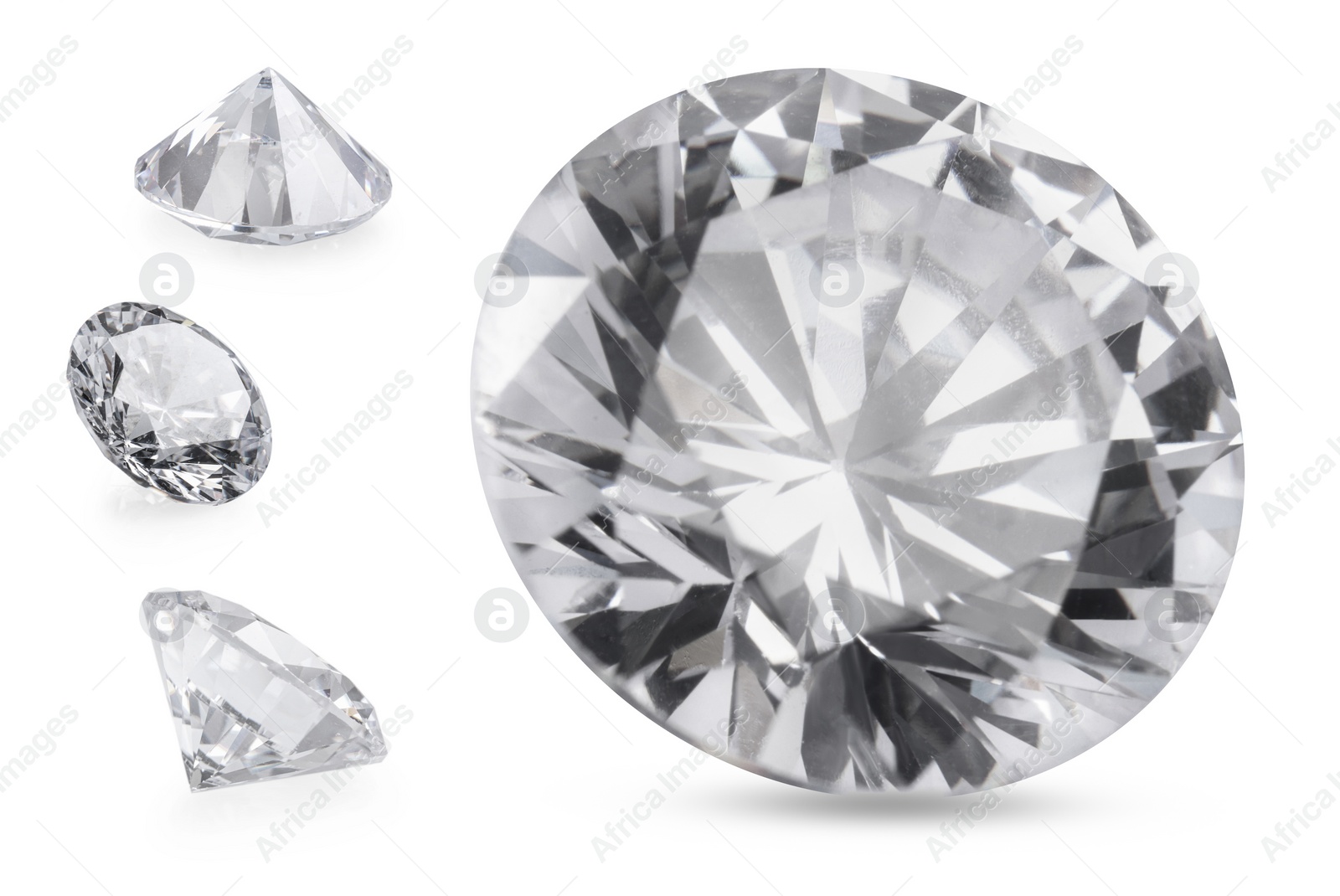 Image of Beautiful dazzling diamonds on white background, set