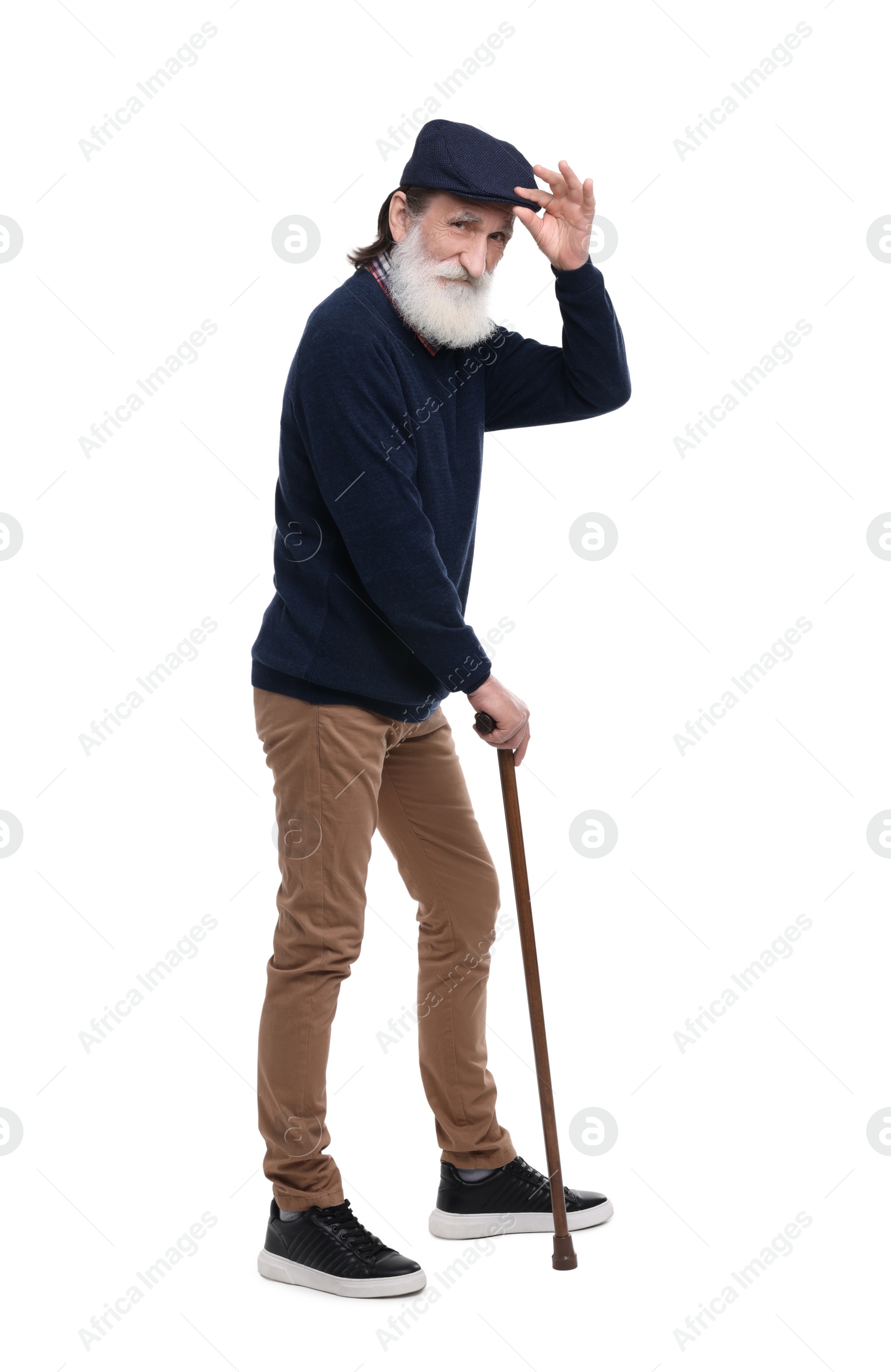 Photo of Senior man with walking cane on white background