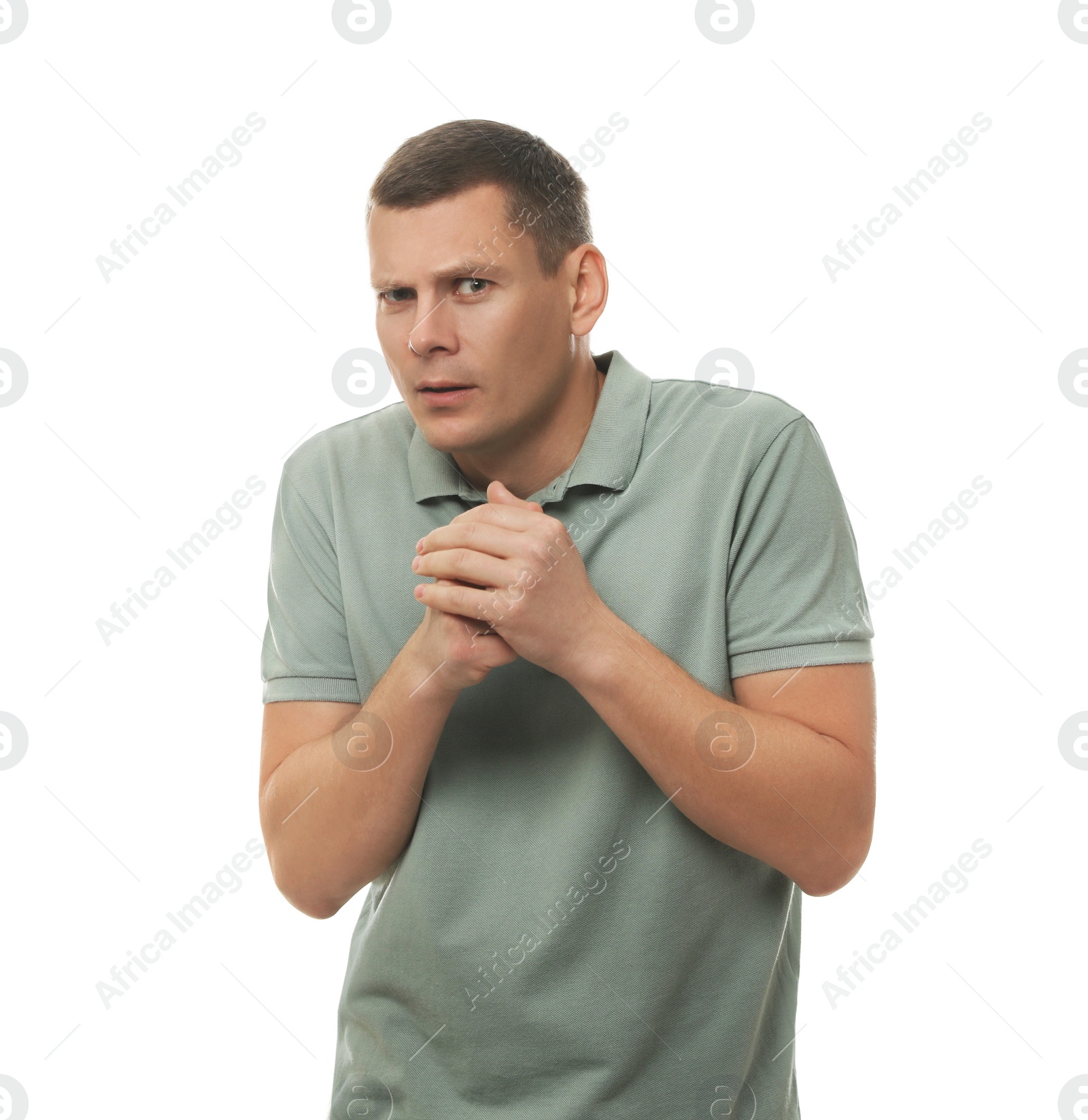 Photo of Mature man feeling fear on white background