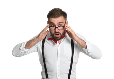 Fashionable young man in stylish outfit with bandana on white background