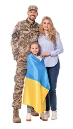 Photo of Soldier in military uniform reunited with his family and Ukrainian flag on white background