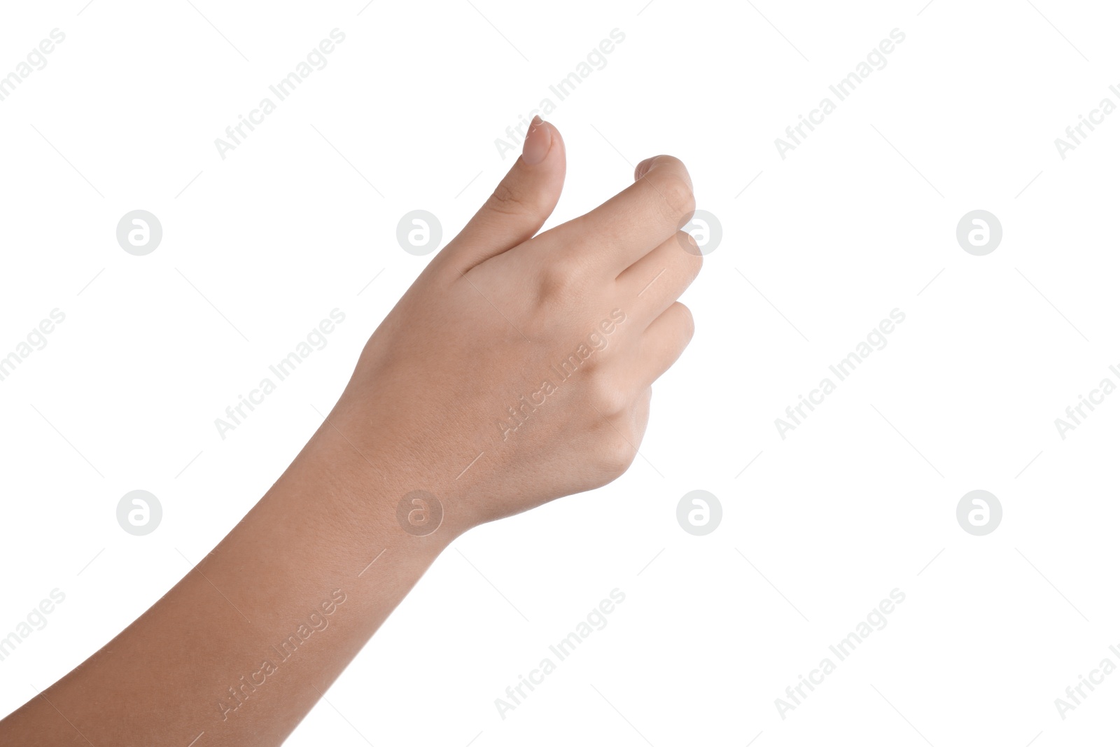 Photo of Woman holding something on white background, closeup of hand