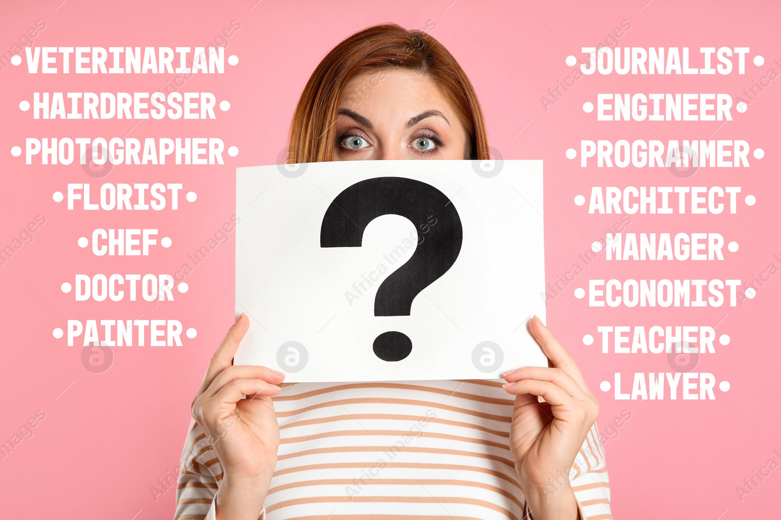 Image of Puzzled woman with question mark sign choosing profession on pink background