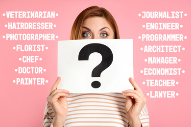 Image of Puzzled woman with question mark sign choosing profession on pink background