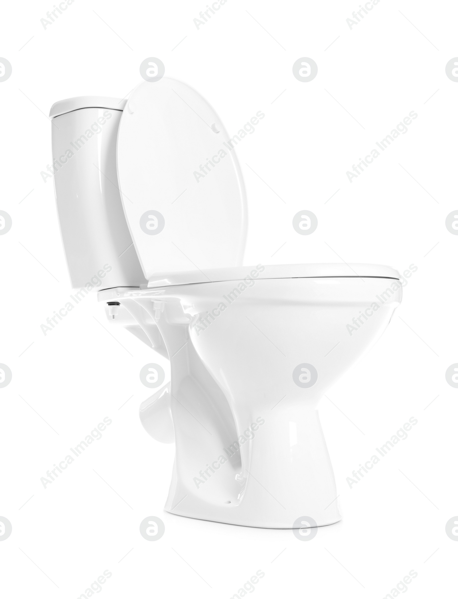 Photo of New ceramic toilet bowl on white background
