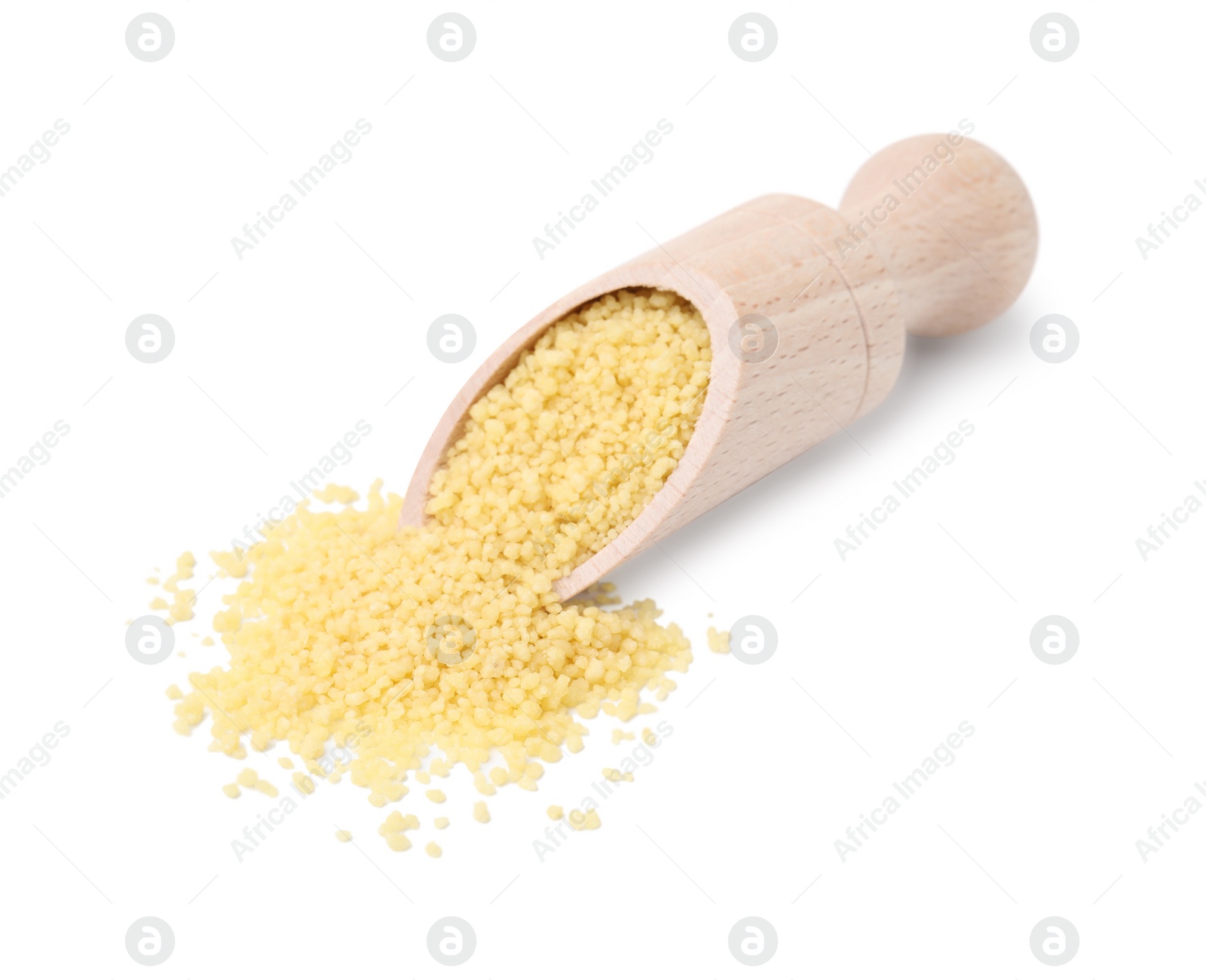 Photo of Scoop with raw couscous isolated on white