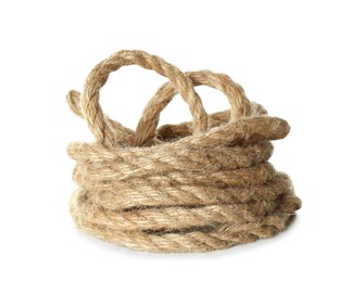 Photo of Bundle of hemp rope on white background. Organic material