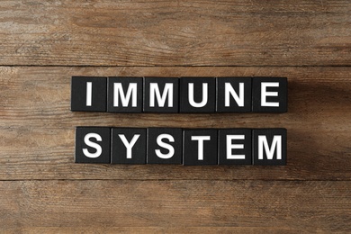 Photo of Black cubes with phrase Immune System on wooden table, flat lay