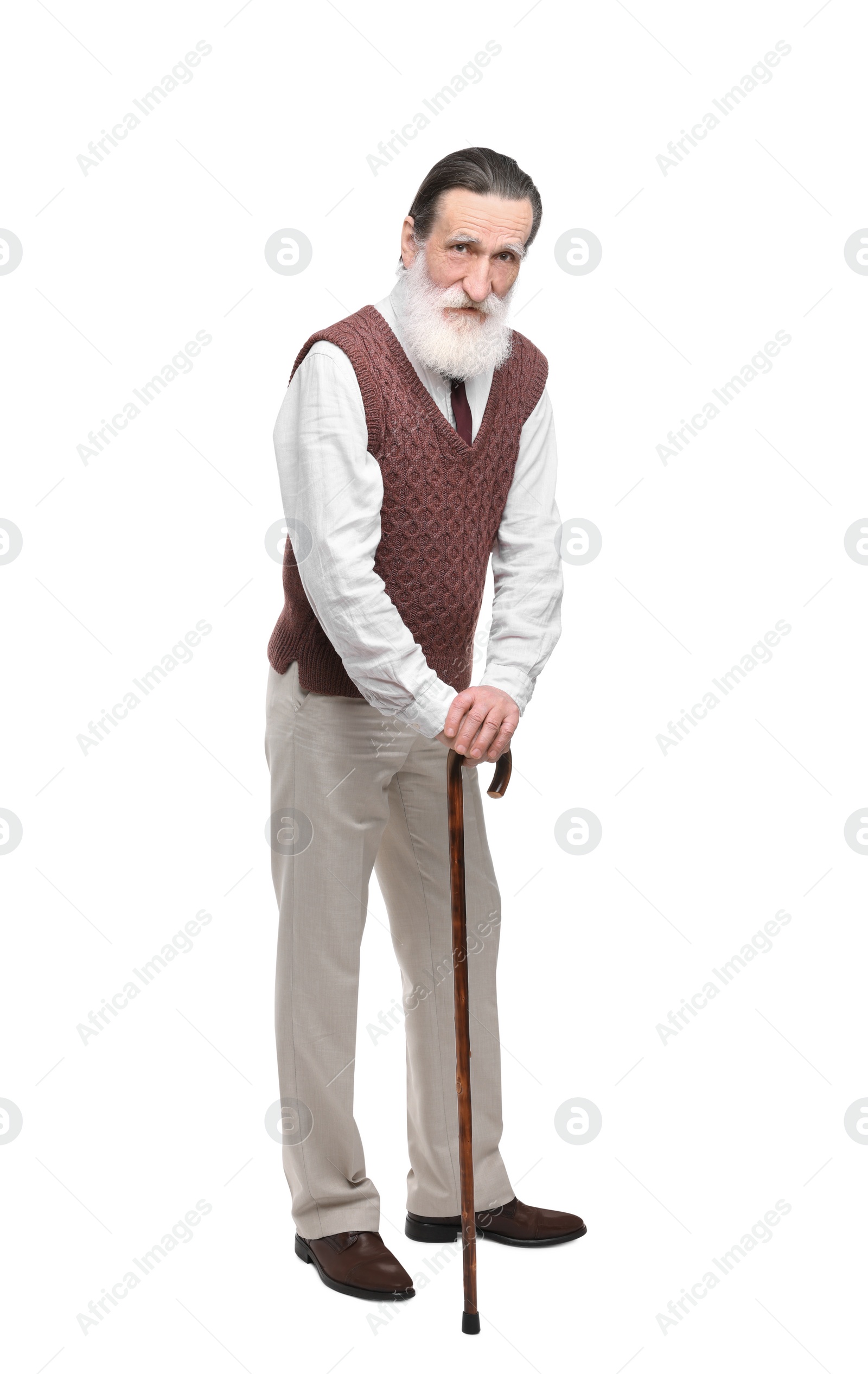 Photo of Senior man with walking cane on white background