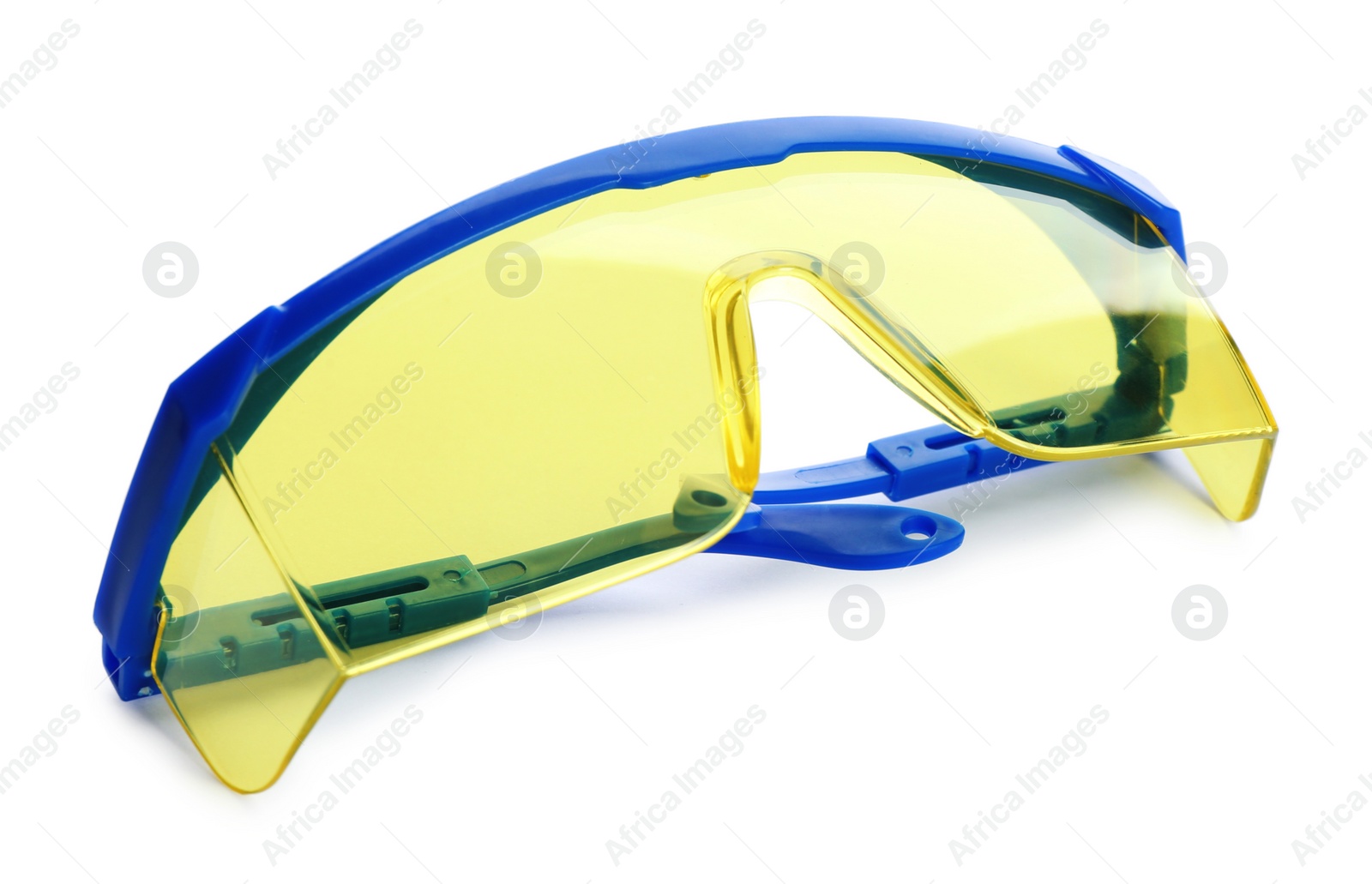 Photo of Protective goggles on white background. Safety equipment