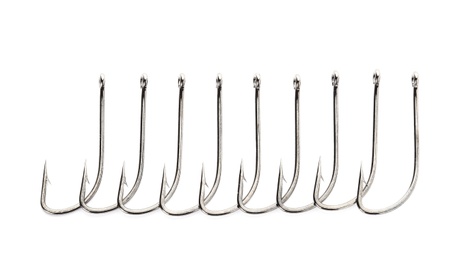 Metal hooks on white background. Fishing accessories