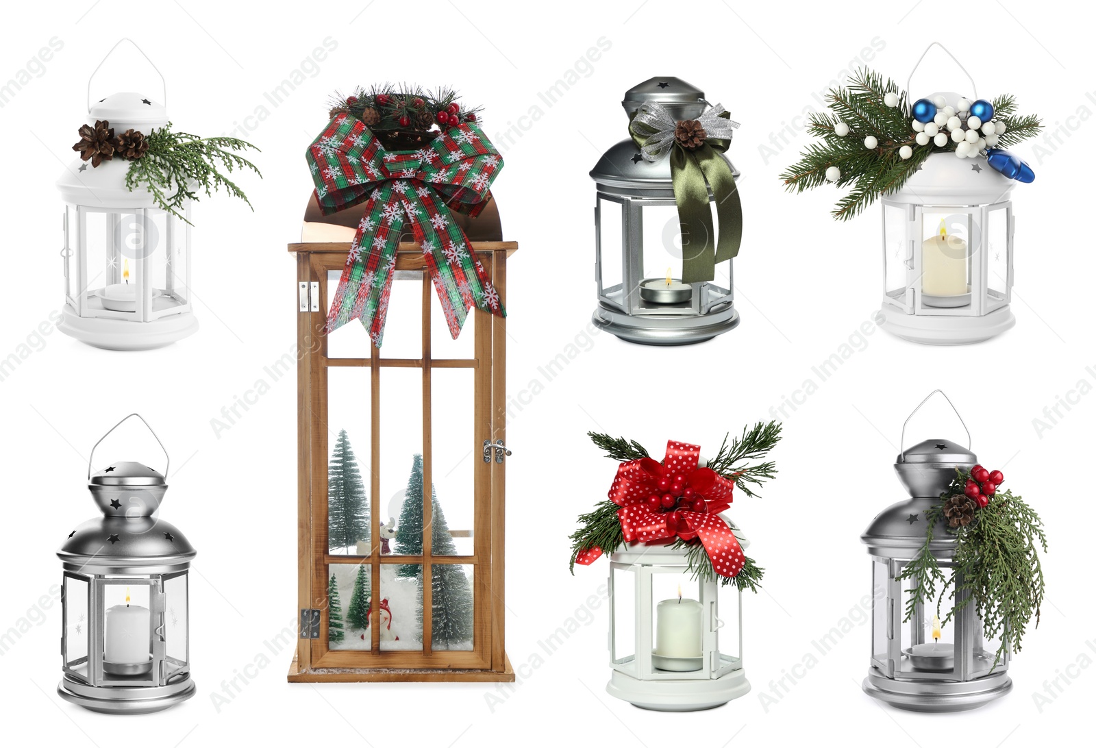 Image of Set with beautiful decorative Christmas lanterns on white background 