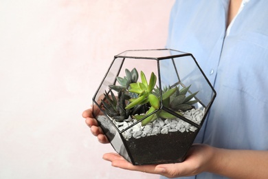 Photo of Woman holding florarium with different succulents on color background, closeup. Space for text