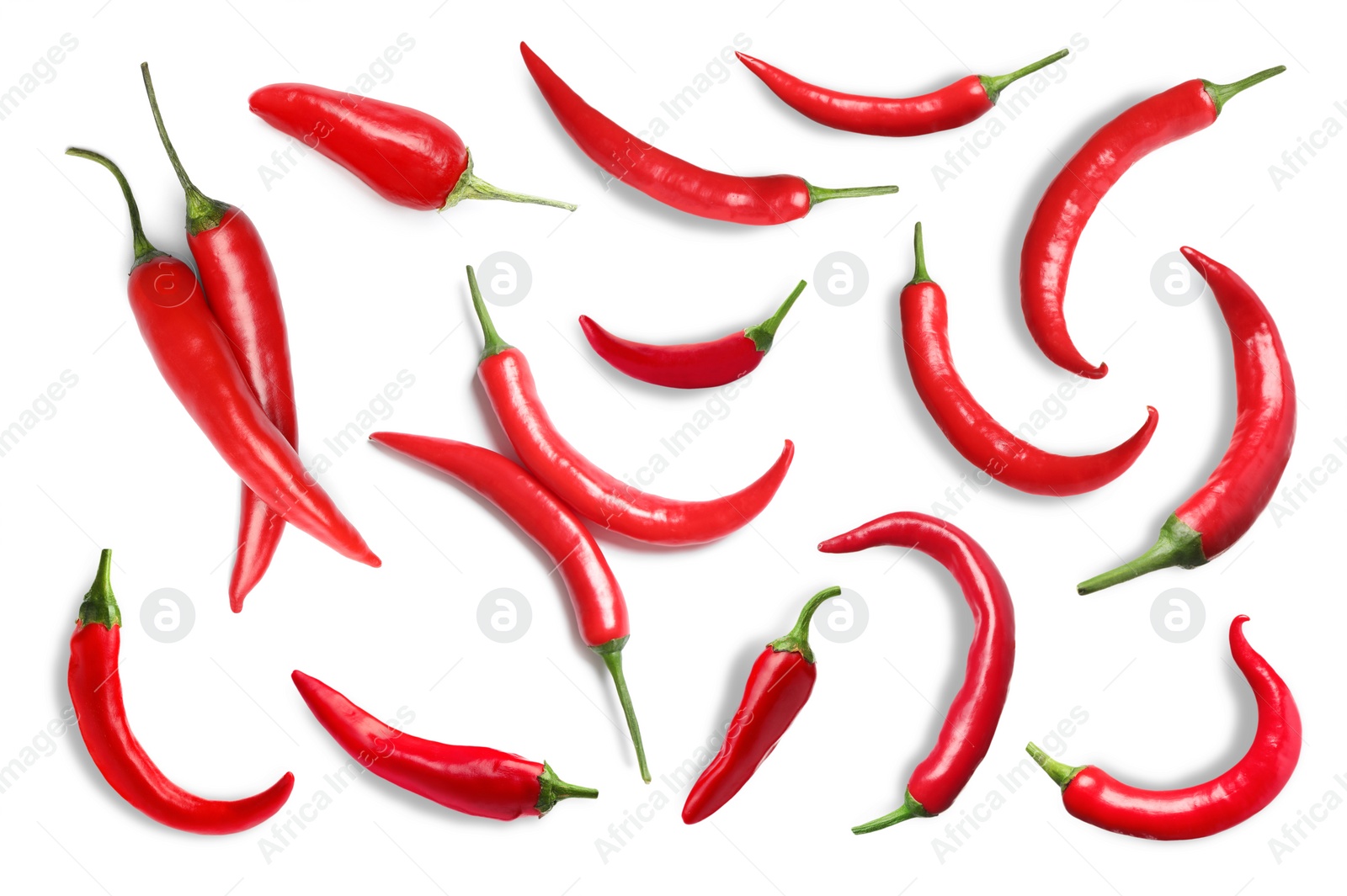 Image of Set with red hot chili peppers on white background