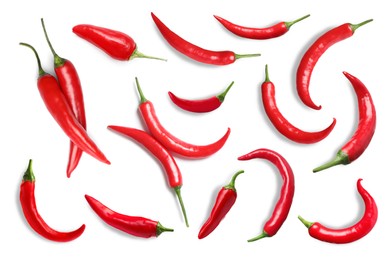 Set with red hot chili peppers on white background