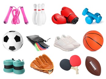 Image of Different balls and other sports equipment isolated on white, set