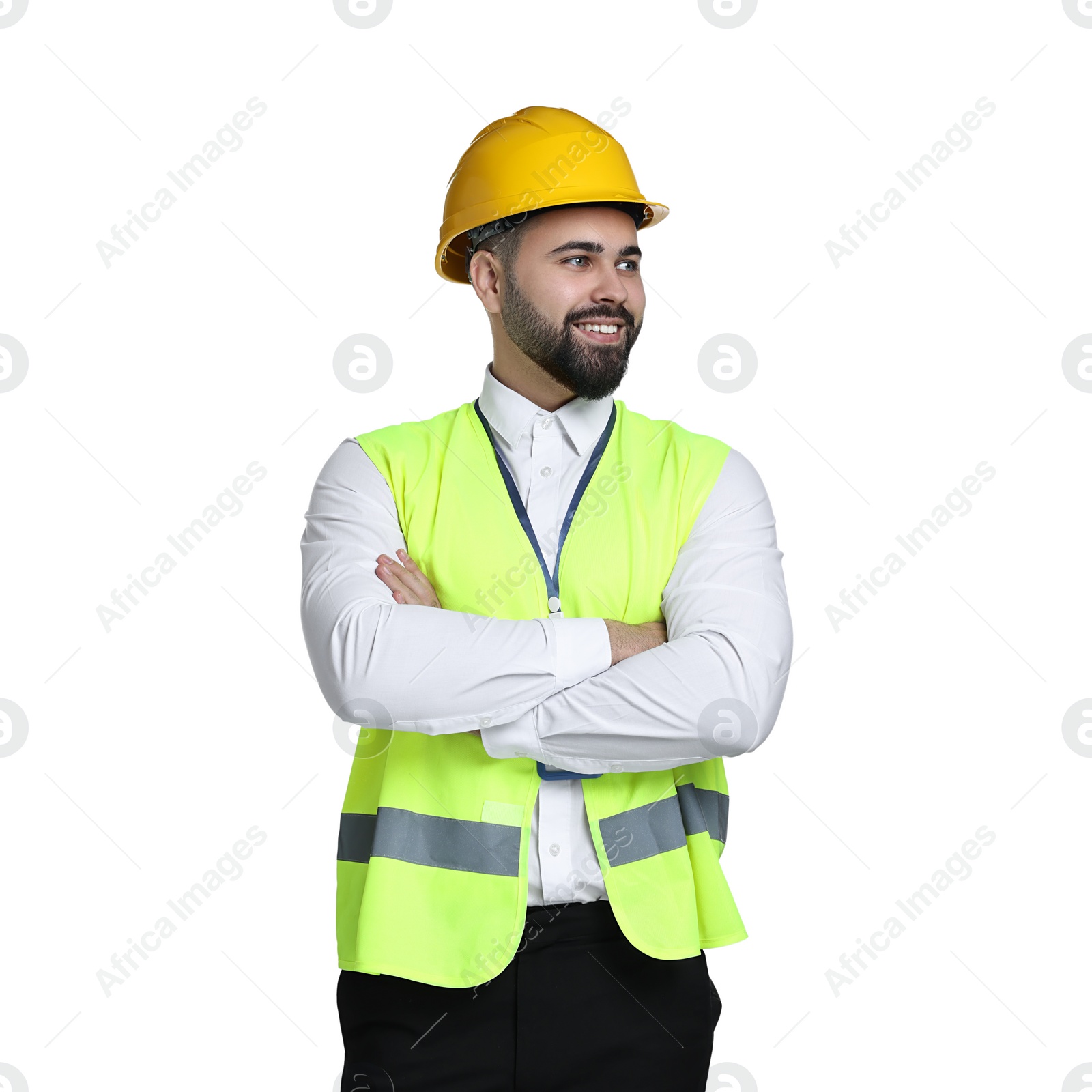 Photo of Engineer in hard hat on white background