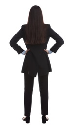 Photo of Young businesswoman in elegant suit on white background, back view