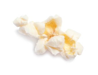 Photo of Delicious salty popcorn on white background