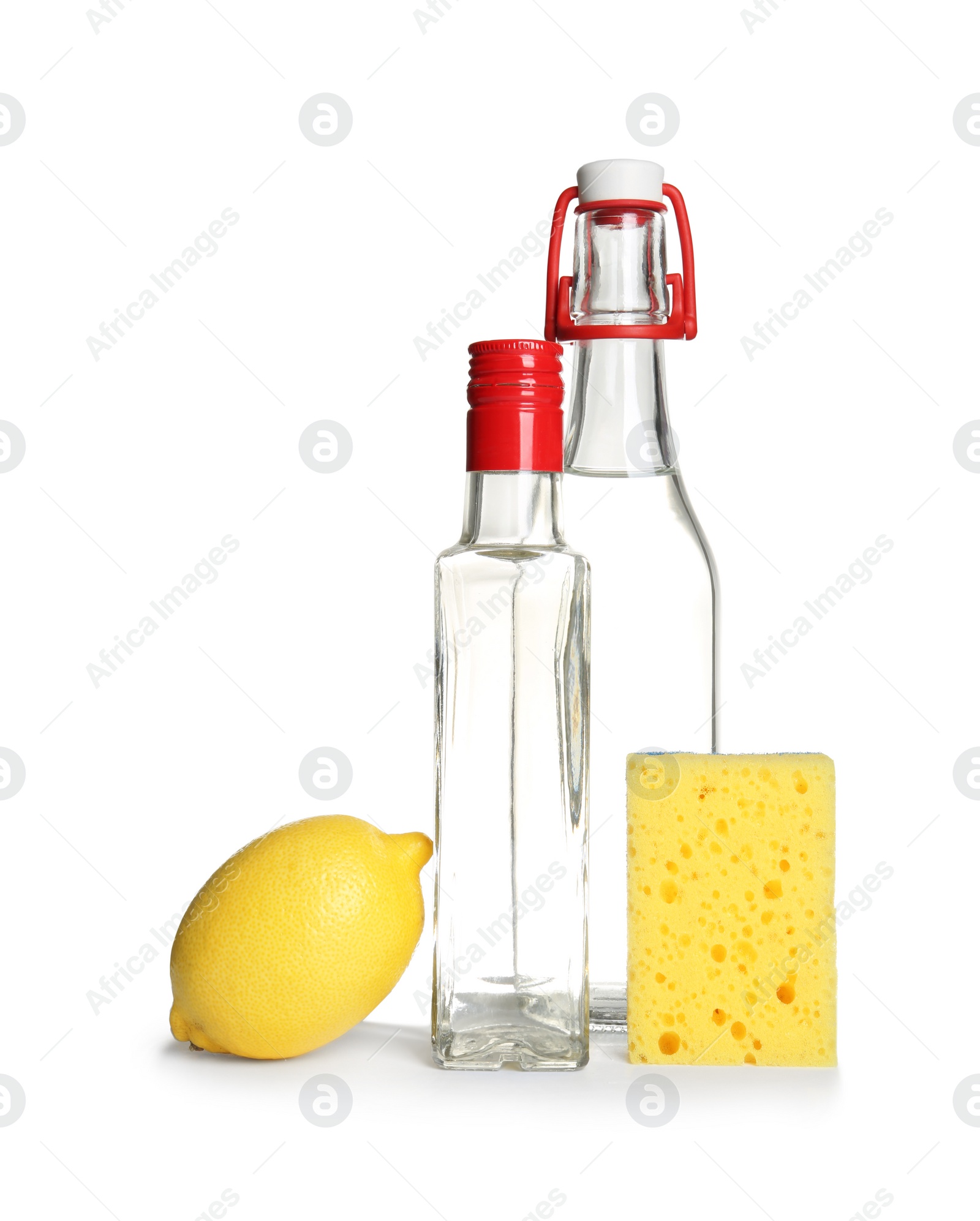 Photo of Composition with vinegar on white background. House cleaning