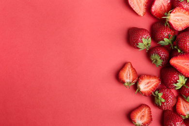 Photo of Tasty ripe strawberries on red background, flat lay. Space for text