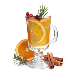 Photo of Composition with aromatic mulled wine on white background