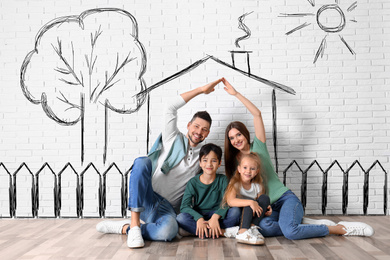 Image of Happy family with kids dreaming about new house. Illustrations on brick wall