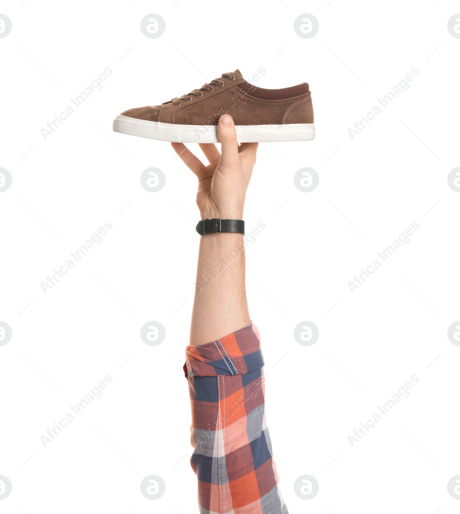 Photo of Man holding stylish shoe on white background, closeup