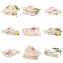 Image of Pieces of raw cod fish isolated on white, set