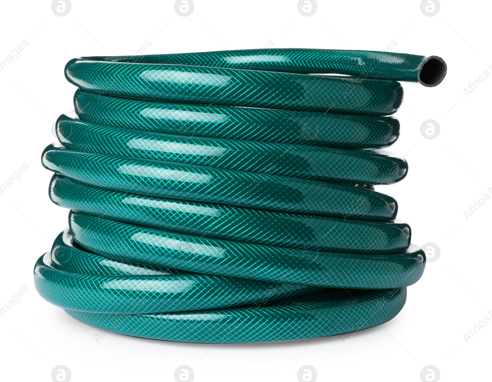 Photo of Green rubber watering hose isolated on white