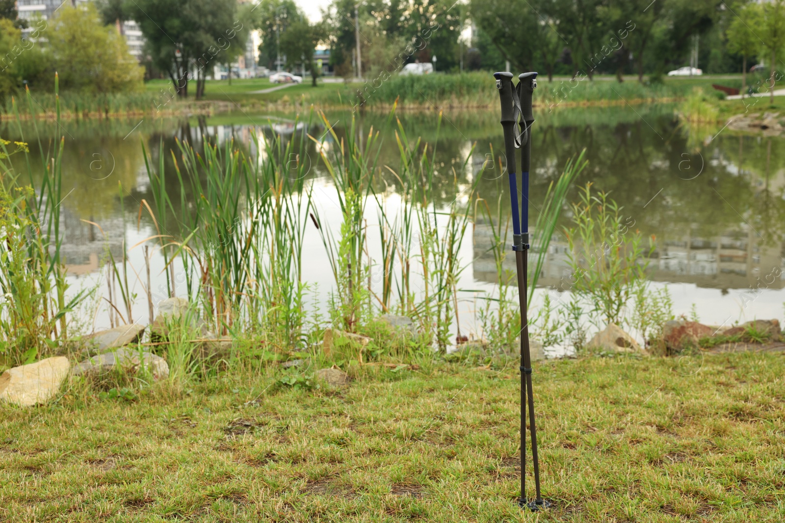 Photo of Two Nordic walking poles near lake outdoors. Space for text