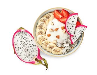 Photo of Bowl of granola with pitahaya, banana, strawberries and yogurt on white background, top view