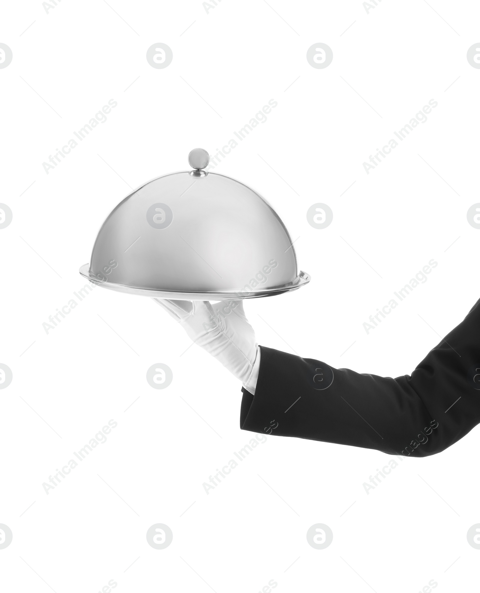 Photo of Waiter holding metal tray with lid on white background