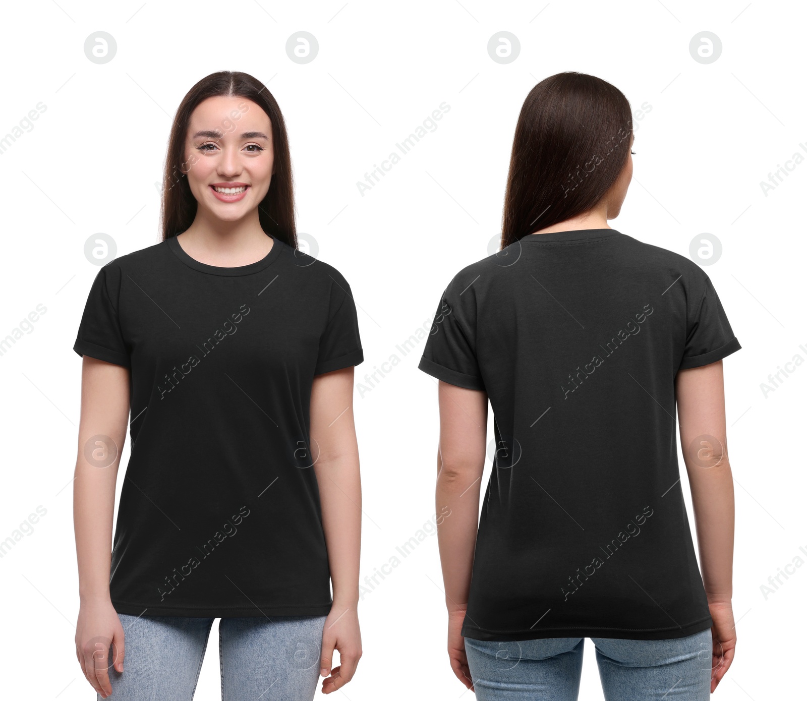 Image of Woman wearing casual black t-shirt on white background, mockup for design. Collage with back and front view photos