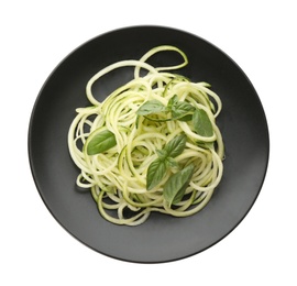 Photo of Delicious fresh zucchini pasta with basil on white background, top view