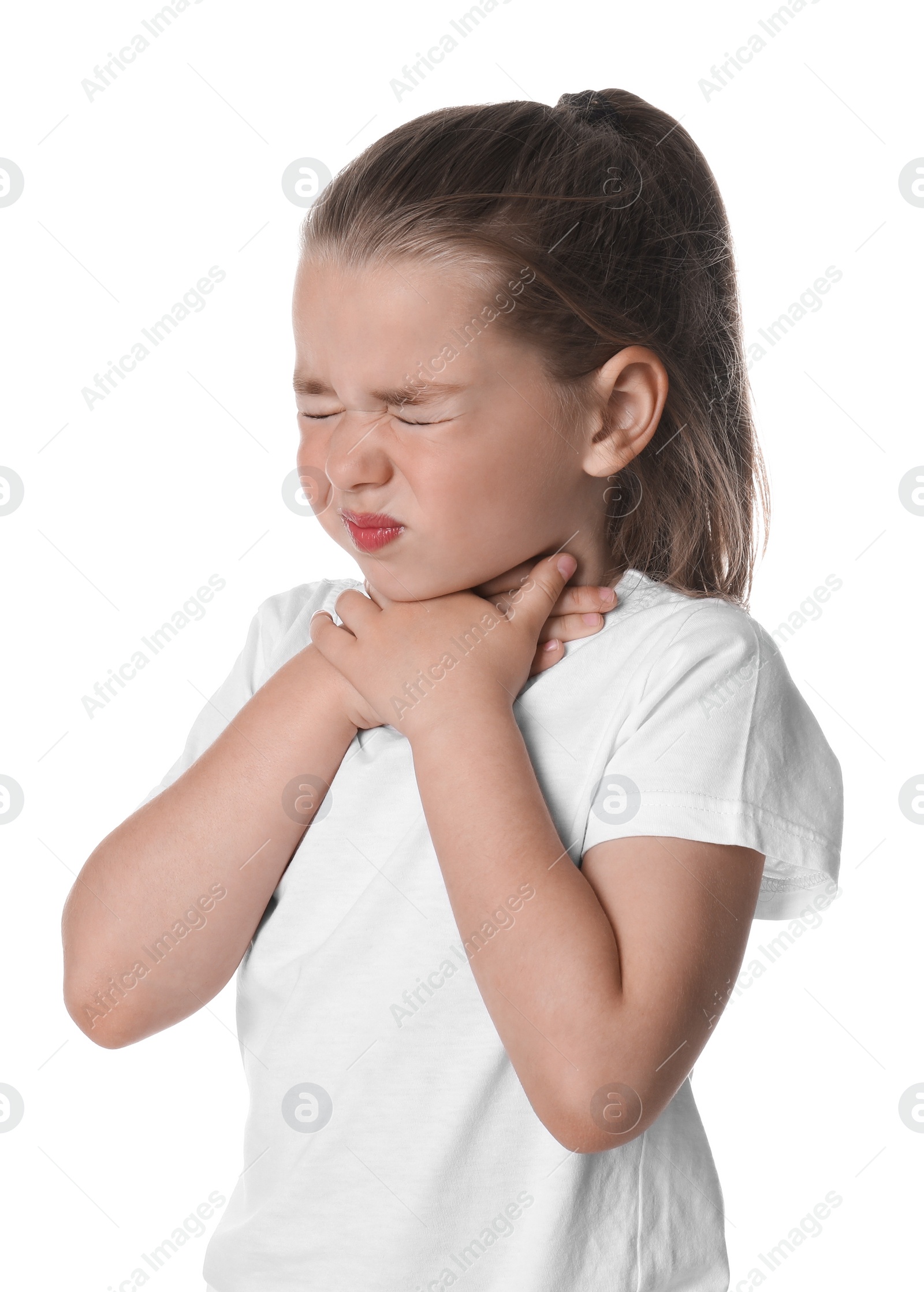 Photo of Little girl suffering from sore throat on white background