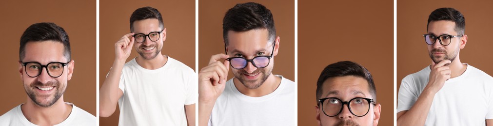 Image of Man in glasses on brown background, collection of photos