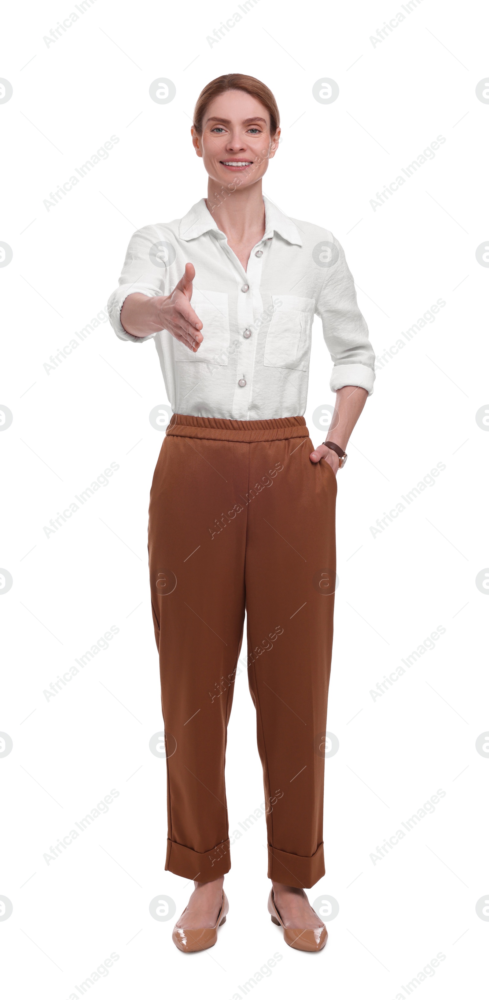 Photo of Beautiful happy businesswoman giving handshake on white background