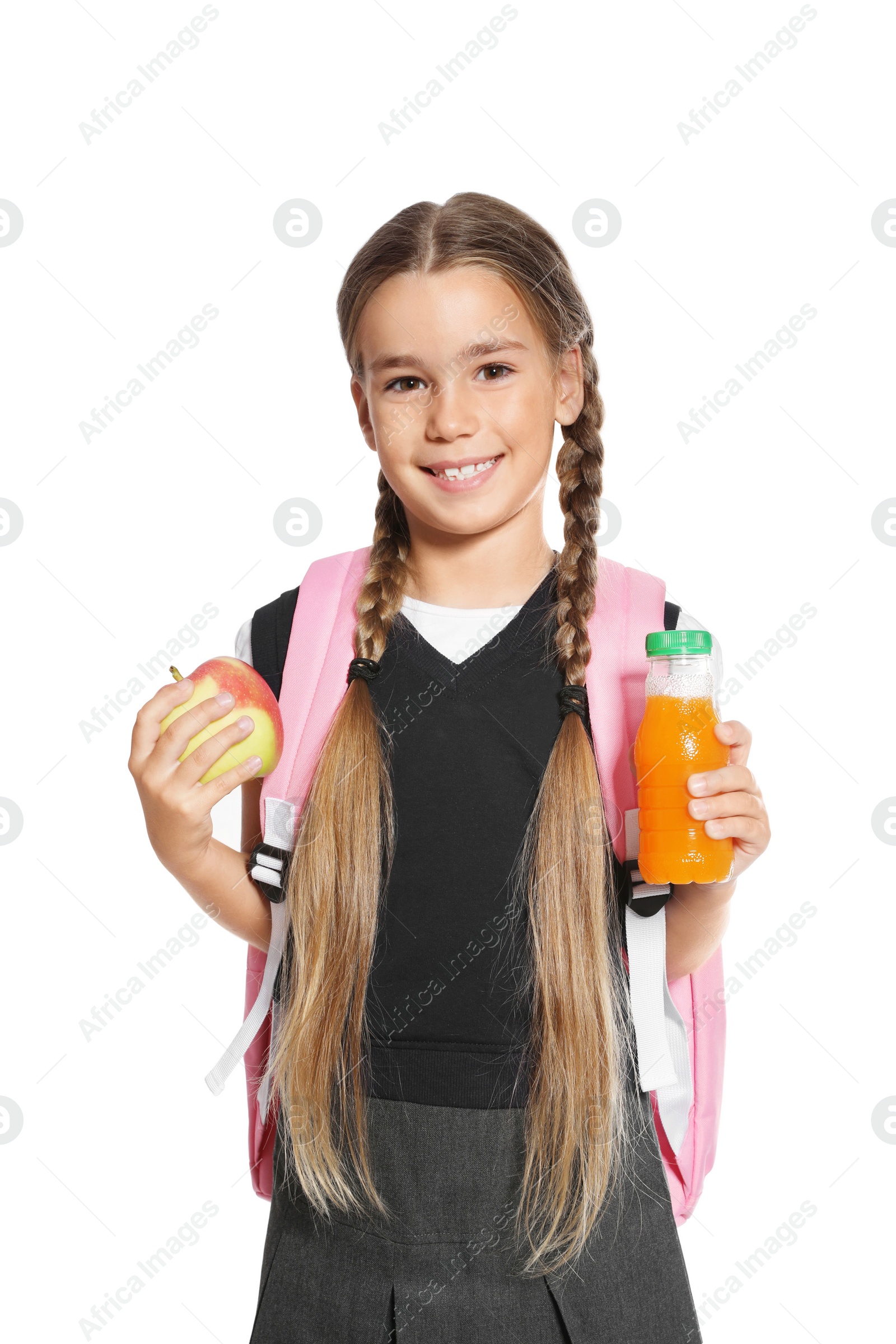 Photo of Schoolgirl with healthy food and backpack on white background