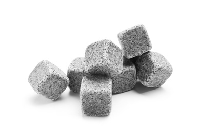 Photo of Classic grey whiskey stones on white background